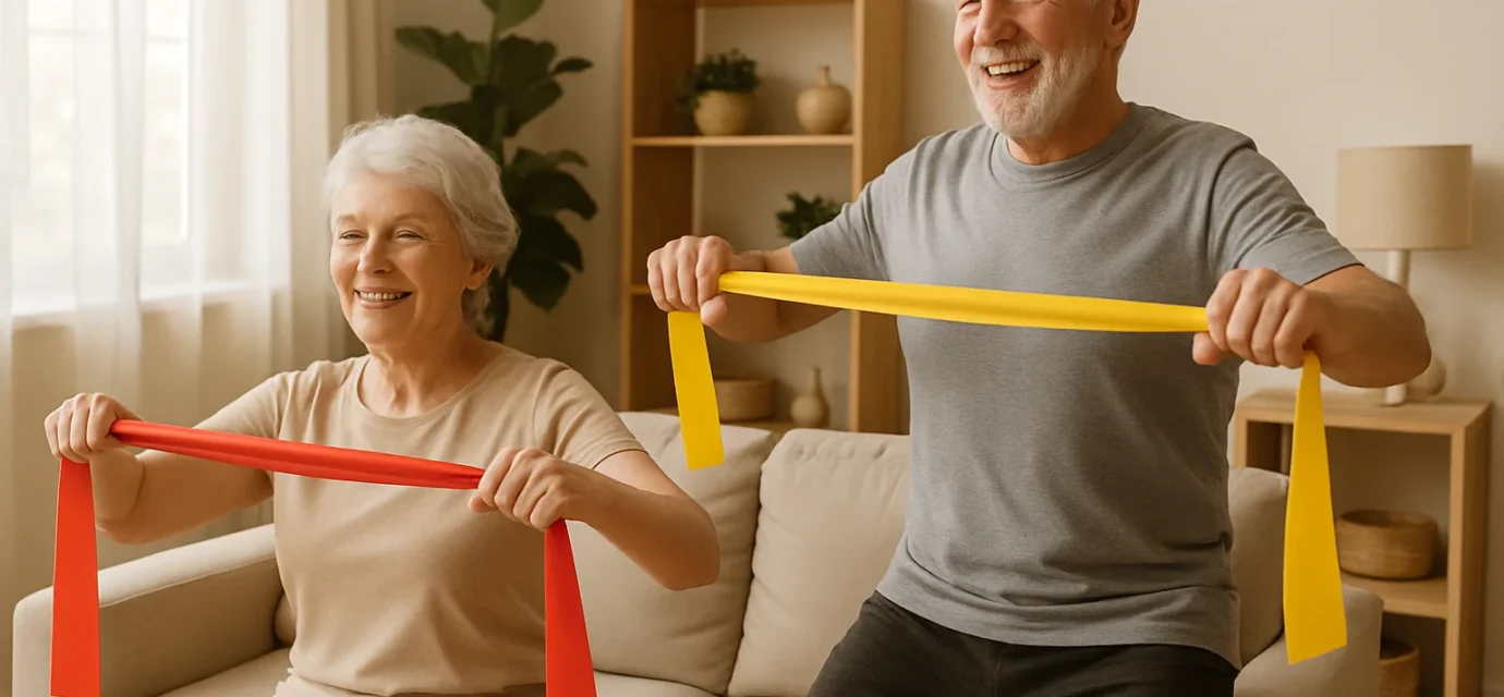 Senior couple doing resistance band exercises at home for strength and balance