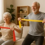 Senior couple doing resistance band exercises at home for strength and balance