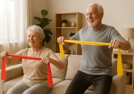 Senior couple doing resistance band exercises at home for strength and balance