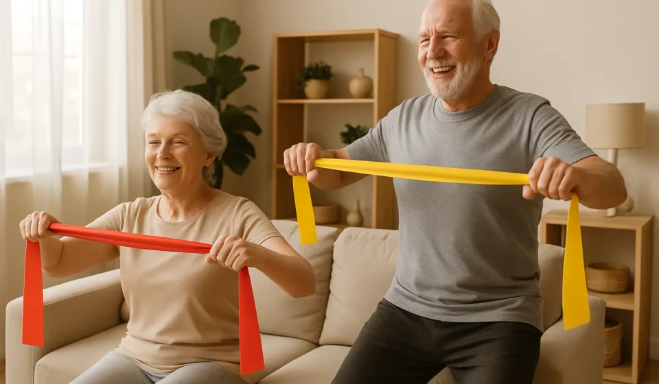 Senior couple doing resistance band exercises at home for strength and balance