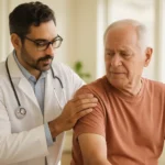 Older man holding his shoulder in pain from a rotator cuff tear during a doctor visit