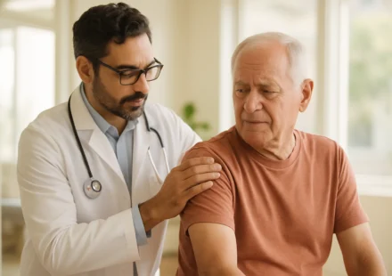 Older man holding his shoulder in pain from a rotator cuff tear during a doctor visit