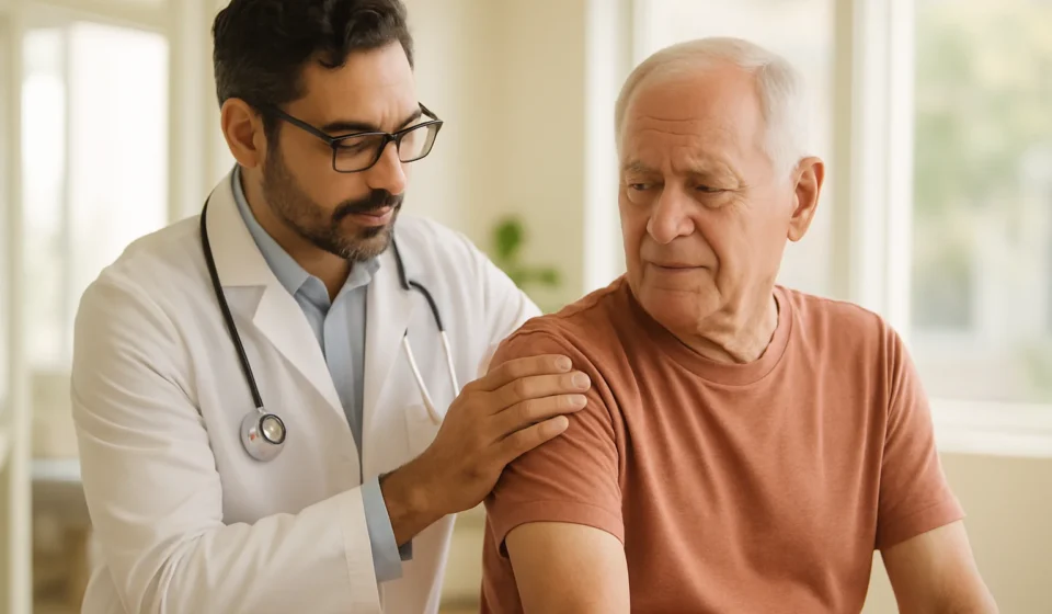 Older man holding his shoulder in pain from a rotator cuff tear during a doctor visit