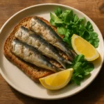 Plate of canned sardines on whole-grain toast as a calcium and omega-3 rich meal for seniors