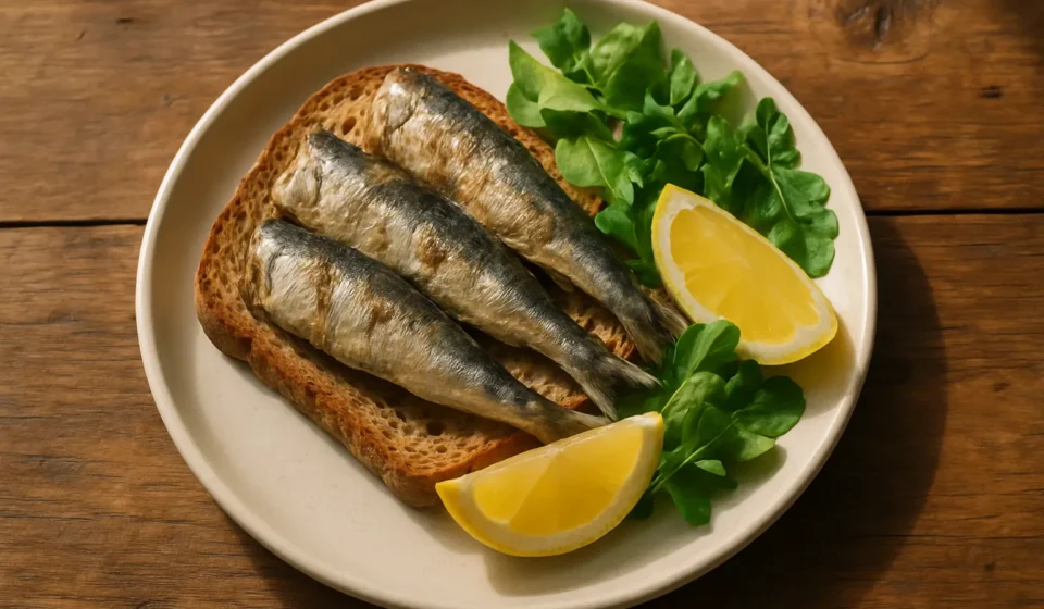 Plate of canned sardines on whole-grain toast as a calcium and omega-3 rich meal for seniors
