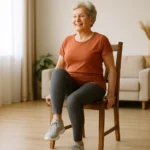 Senior woman doing seated marching exercise lifting her knee in a sturdy chair