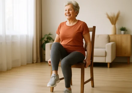 Senior woman doing seated marching exercise lifting her knee in a sturdy chair