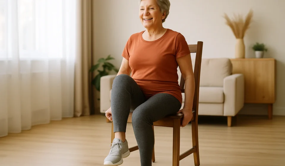 Seated Marching for Seniors 2026: Strength & Fall Defense Senior woman doing seated marching exercise lifting her knee in a sturdy chair