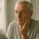 Older man gently examining facial skin in a mirror in a bright bathroom