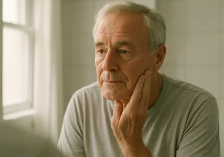 Older man gently examining facial skin in a mirror in a bright bathroom