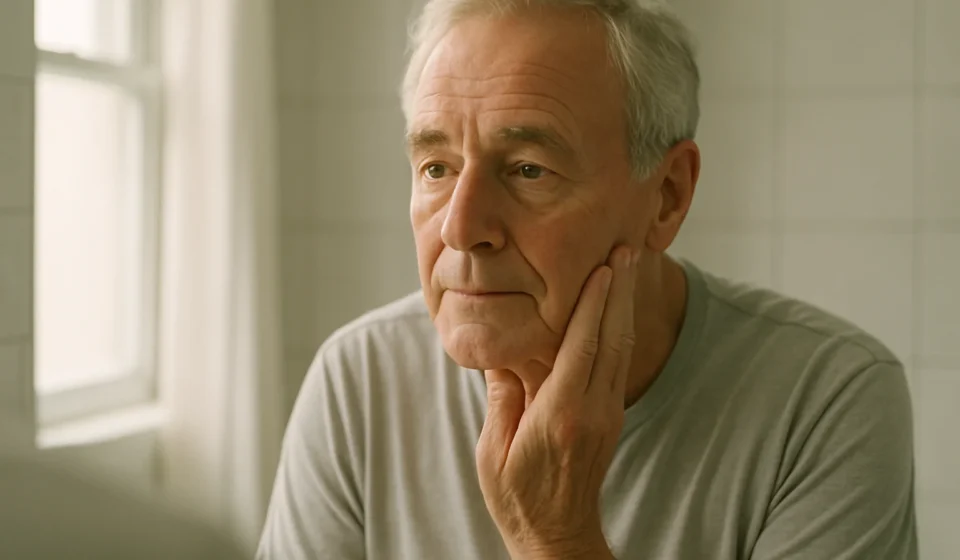 Seborrheic Dermatitis in Seniors 2026: Causes & Relief Older man gently examining facial skin in a mirror in a bright bathroom
