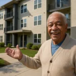 Senior outside an affordable Section 202 senior housing apartment building