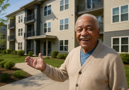 Senior outside an affordable Section 202 senior housing apartment building