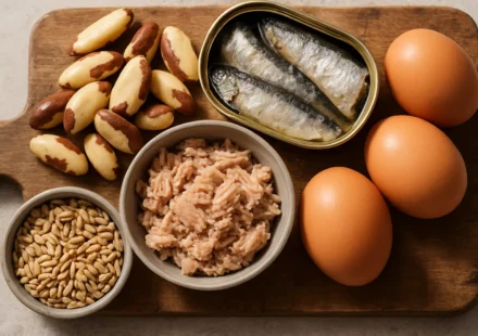 Selenium-rich foods including Brazil nuts and seafood, illustrating selenium for seniors in 2026