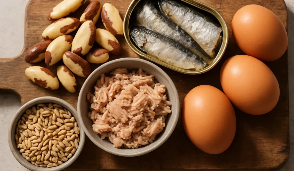 Selenium-rich foods including Brazil nuts and seafood, illustrating selenium for seniors in 2026