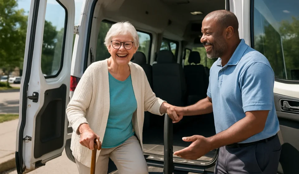 Senior boarding an accessible transportation van for free senior rides