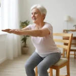 Older woman practicing the sit-to-stand exercise rising from a sturdy chair