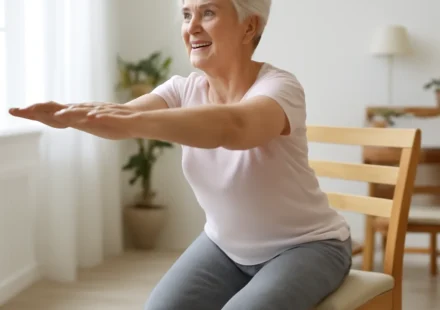 Older woman practicing the sit-to-stand exercise rising from a sturdy chair