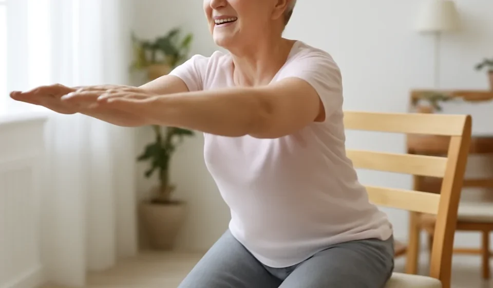 Sit-to-Stand for Seniors 2026: Build Legs, Stop Falls Older woman practicing the sit-to-stand exercise rising from a sturdy chair