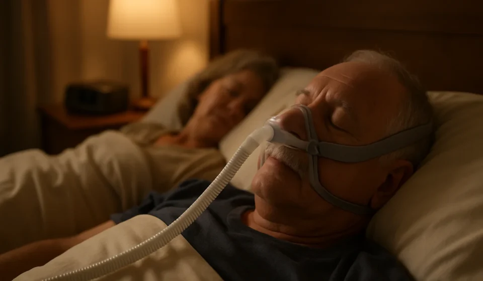 Sleep Apnea in Seniors 2026: 7 Warning Signs & Medicare Treatments Senior man sleeping with CPAP machine for sleep apnea treatment 2026