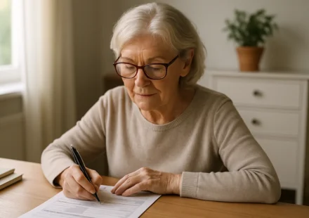 Senior woman at a desk applying for the SLMB Medicare Savings Program to cover her Part B premium