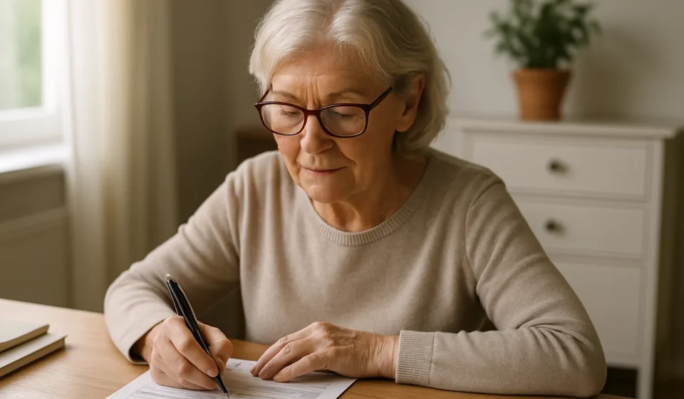 Senior woman at a desk applying for the SLMB Medicare Savings Program to cover her Part B premium