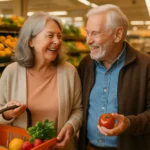 Senior couple buying fresh produce at a grocery store using SNAP benefits