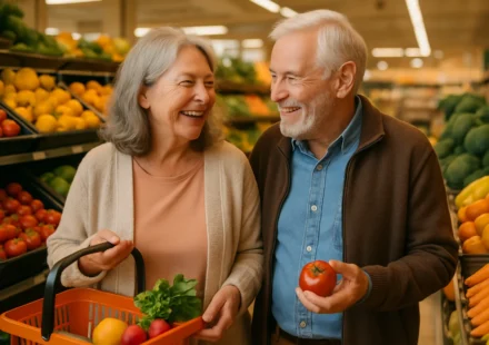 Senior couple buying fresh produce at a grocery store using SNAP benefits