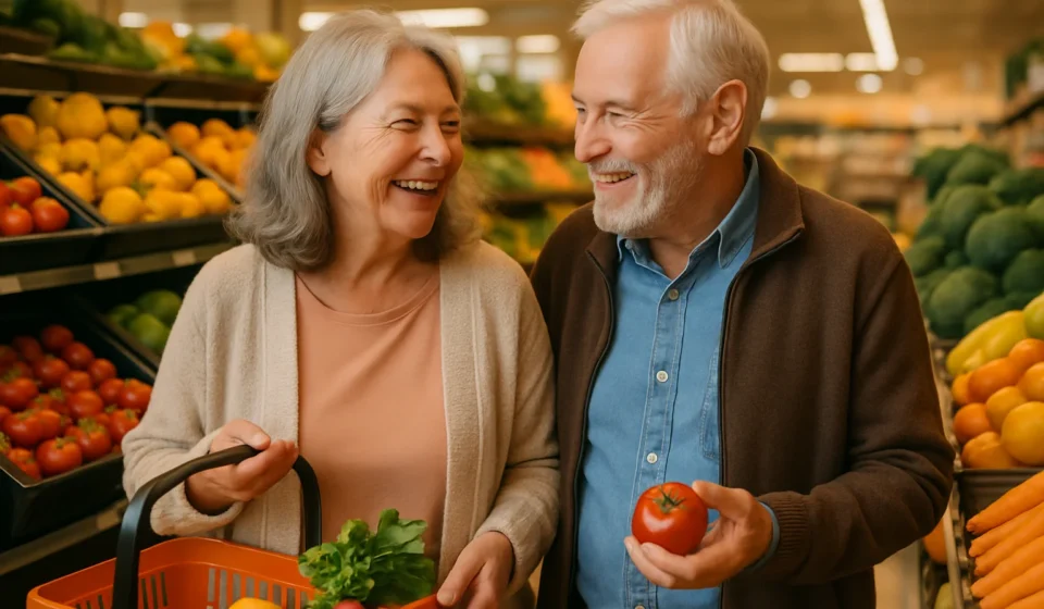 SNAP for Seniors 2026: $298 Max Benefit & Easy Rules Senior couple buying fresh produce at a grocery store using SNAP benefits
