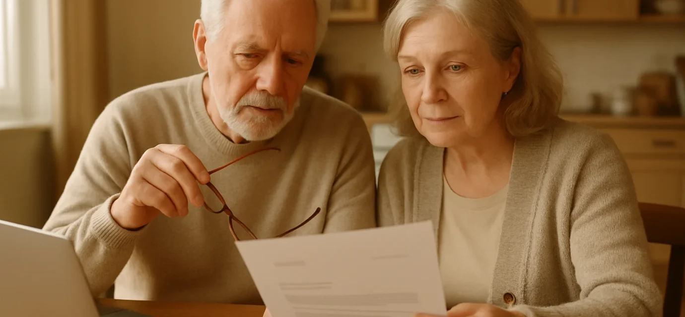 Senior couple reviewing a Social Security overpayment notice at home