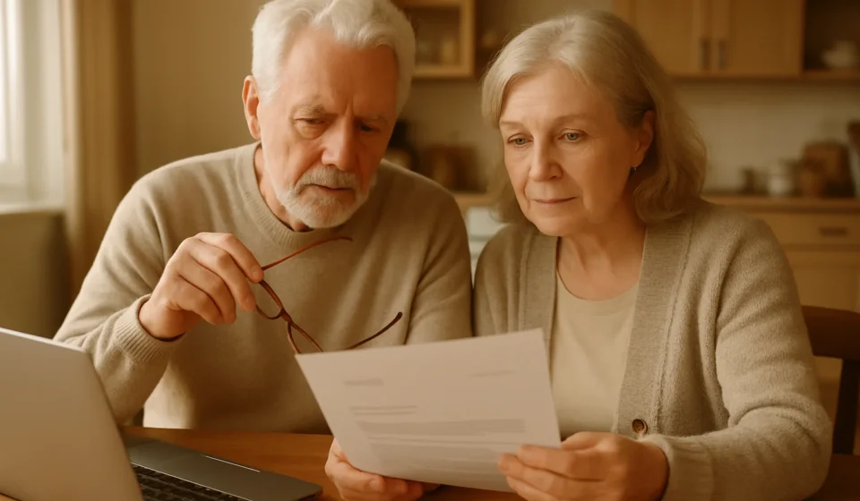 Senior couple reviewing a Social Security overpayment notice at home