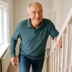 Active senior man climbing indoor stairs holding the handrail for exercise