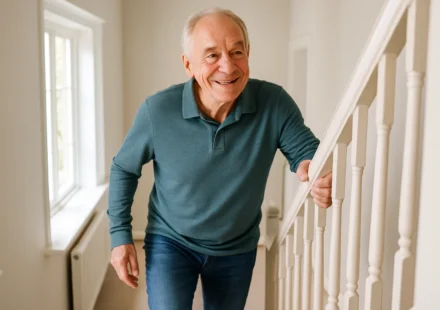 Active senior man climbing indoor stairs holding the handrail for exercise