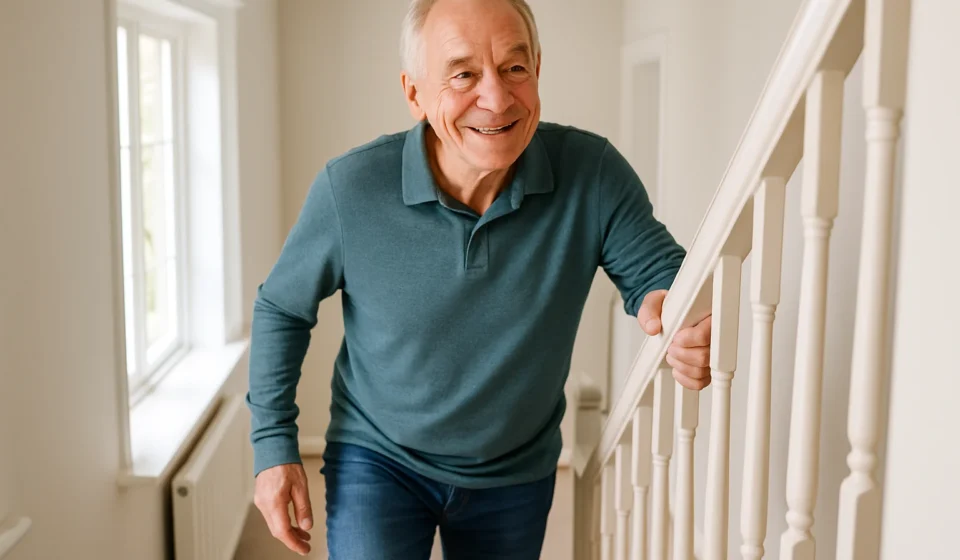 Stair Climbing for Seniors 2026: Heart & Leg Strength Active senior man climbing indoor stairs holding the handrail for exercise