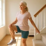 Senior woman doing a step-up exercise on a stair with hand on rail