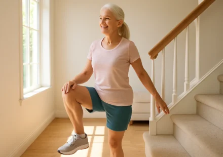 Senior woman doing a step-up exercise on a stair with hand on rail