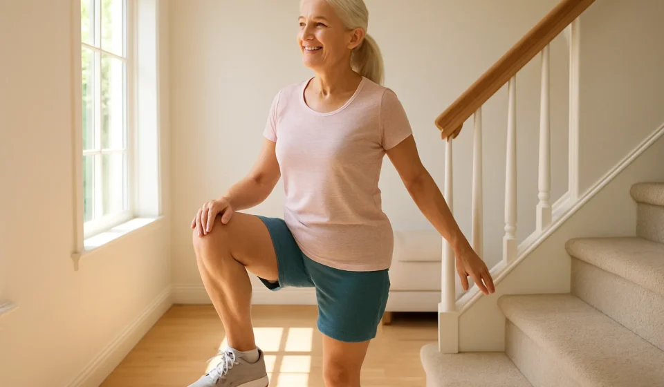Step-Ups for Seniors 2026: Leg Strength & Fall Defense Senior woman doing a step-up exercise on a stair with hand on rail