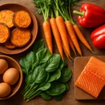 Colorful plate of vitamin A rich foods including sweet potato, carrots, spinach and eggs for seniors