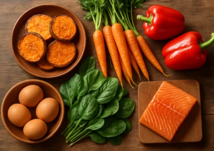 Colorful plate of vitamin A rich foods including sweet potato, carrots, spinach and eggs for seniors