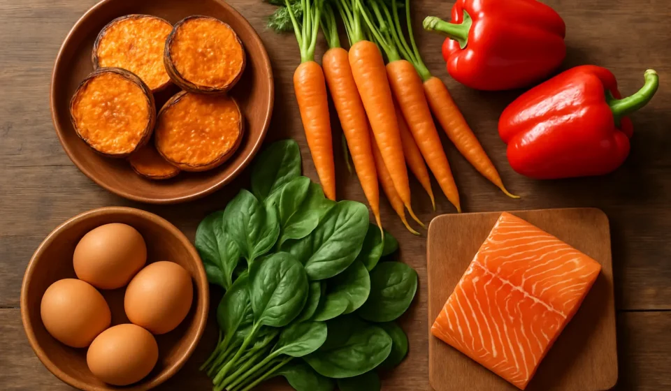 Vitamin A for Seniors 2026: Eyes, Dose & Safety Colorful plate of vitamin A rich foods including sweet potato, carrots, spinach and eggs for seniors