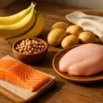Foods rich in vitamin B6 including salmon chickpeas bananas and poultry on a table