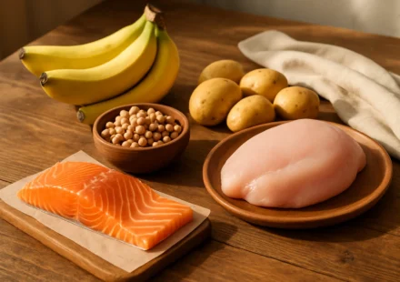Foods rich in vitamin B6 including salmon chickpeas bananas and poultry on a table