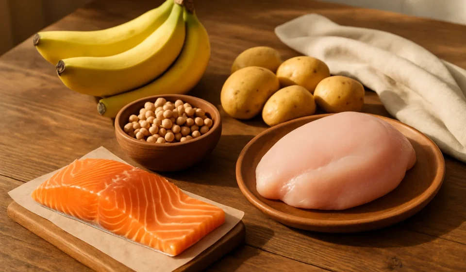 Foods rich in vitamin B6 including salmon chickpeas bananas and poultry on a table