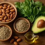 Vitamin E rich foods including almonds sunflower seeds spinach and avocado