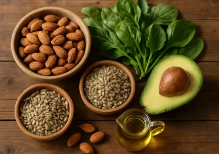 Vitamin E rich foods including almonds sunflower seeds spinach and avocado