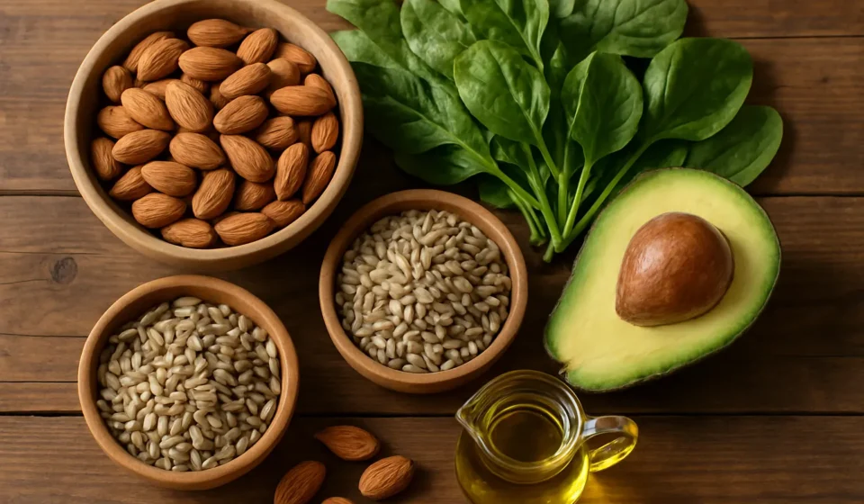 Vitamin E for Seniors 2026: Benefits, Risks & Safe Dose Vitamin E rich foods including almonds sunflower seeds spinach and avocado