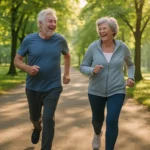 Active senior couple walking briskly on a tree-lined path in the morning