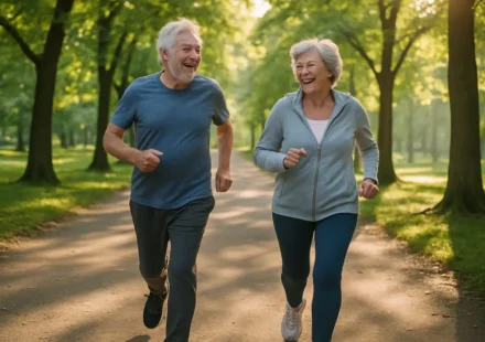 Active senior couple walking briskly on a tree-lined path in the morning