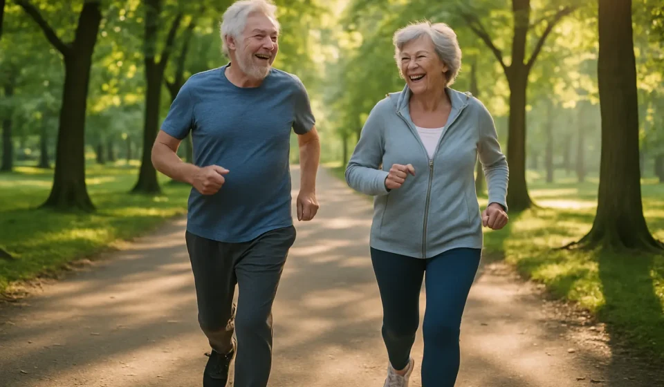 Active senior couple walking briskly on a tree-lined path in the morning