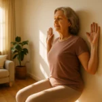 Senior woman performing a standing wall pilates exercise using a wall for support
